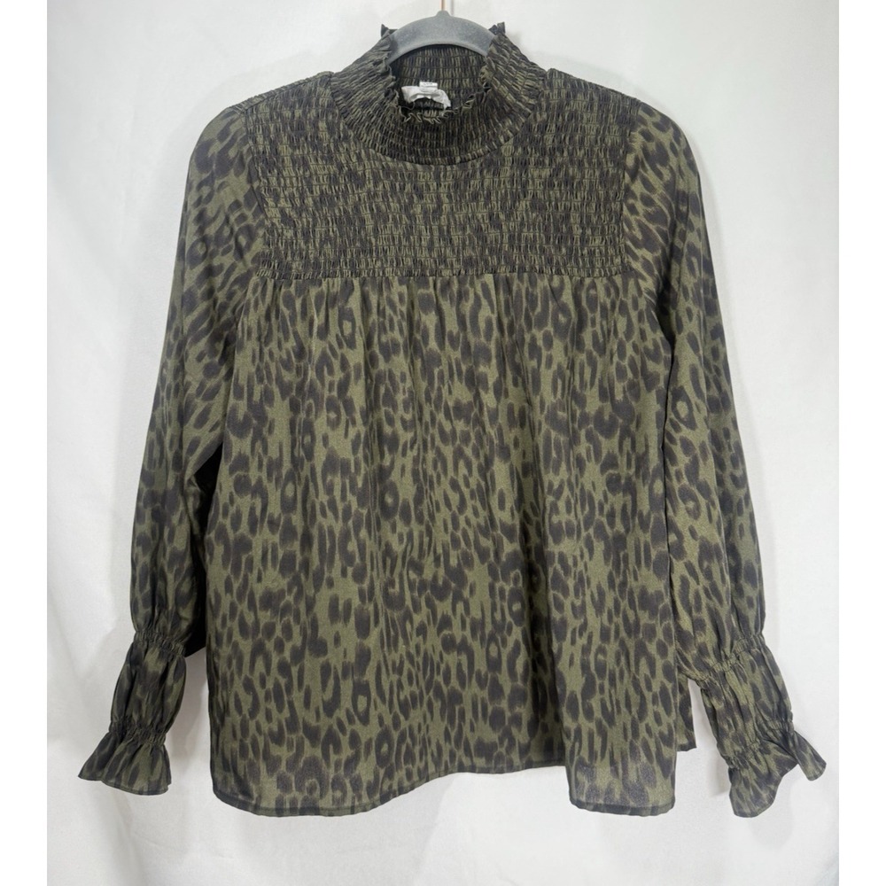 THML Dark Green Animal Print Smocked Long Sleeve Top Blouse Womens Size S